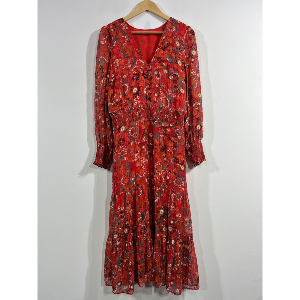 Womens Boho Floral Tiered Midi Dress Smocked Womens Medium Resort Event Feminine
